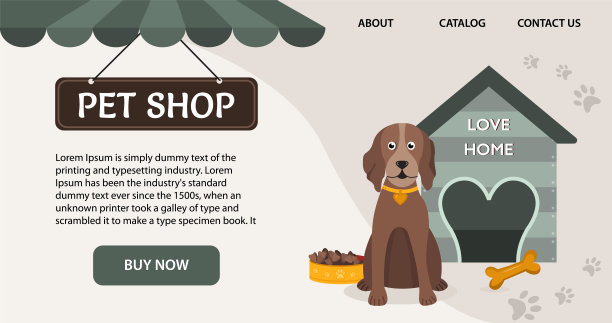 宠物店出售横幅或篱笆与家养动物和护理配件的网站。动物园商店打折。矢量图图片下载