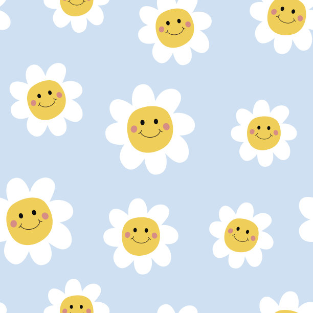 可爱的无缝花卉图案。在蓝色的背景上微笑的雏菊的向量插图。图片下载