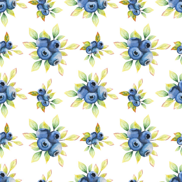 水彩无缝模式。设计在一个白色的背景与蓝莓叶。贝瑞无缝设计。图片下载
