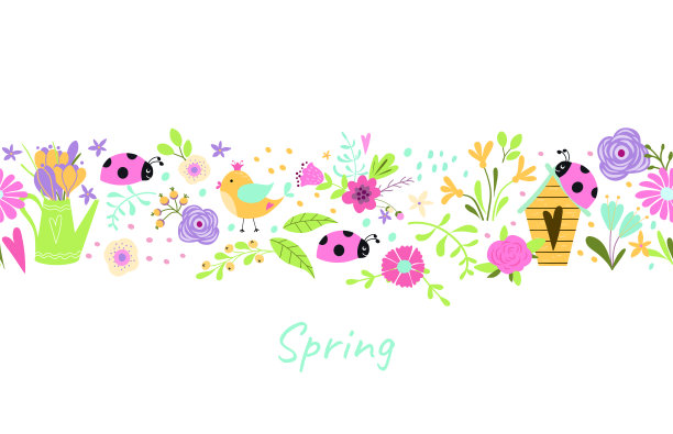 春天的边界。春天花坛上点缀着五彩缤纷的雏菊、鸟、虫、瓢虫、鸟舍。重复的花缘，重复的图案。夏天矢量插图。图片下载
