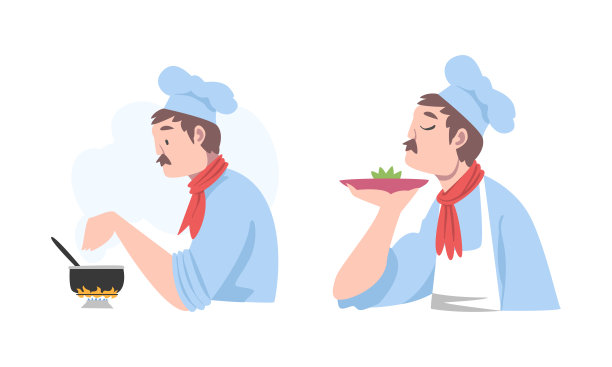 厨师厨师用小胡子烹饪和品尝菜肴设置卡通矢量插图图片下载
