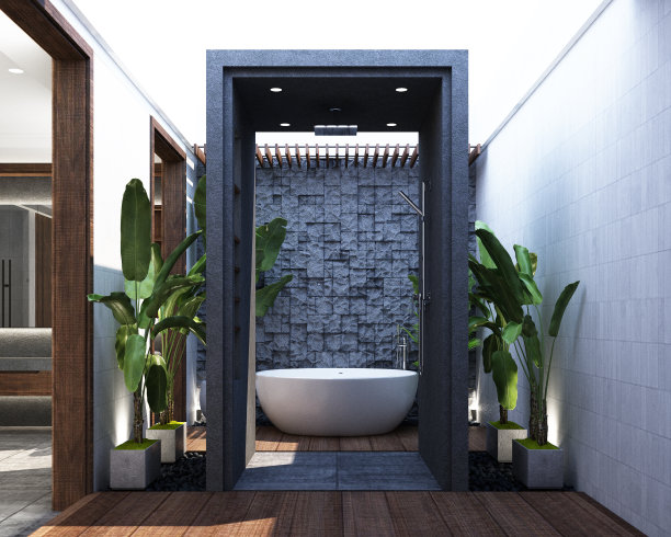 现代现代的木制浴室设计，混凝土瓷砖地板和岩石石墙装饰，镜子柜台盆与卫生间和户外雨淋与天窗。逼真的3 d渲染图片下载