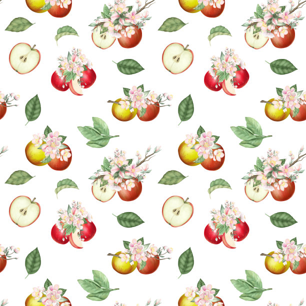 无缝图案手绘红苹果，苹果树花和叶子在白色背景上图片下载
