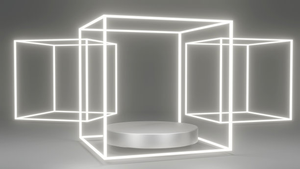 产品展示平台的3D渲染概念，带有发光和不透明的几何元素，用于商业模板设计。3 d渲染。展览平台。金属银的主题。图片下载