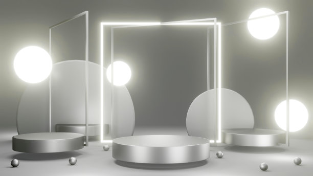 产品展示平台的3D渲染概念，带有发光和不透明的几何元素，用于商业模板设计。3 d渲染。展览平台。金属银的主题。图片下载