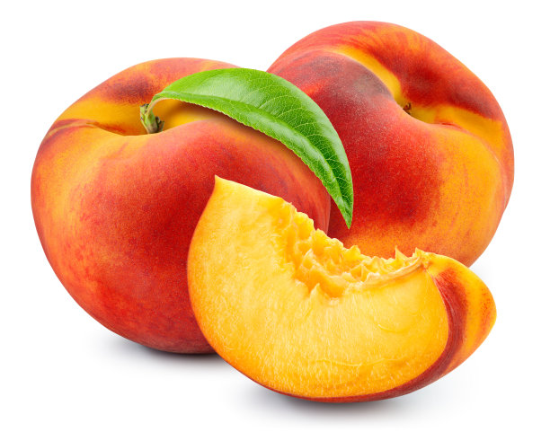 桃子孤立。两个白底的桃子。桃果，带叶切掉。剪切路径。全景深。图片下载