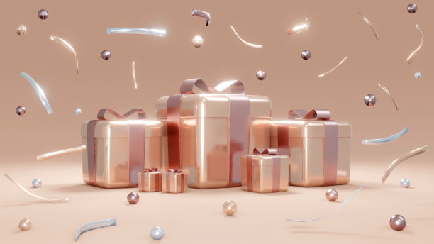 用于商业设计的包装礼盒和几何彩纸元素的三维渲染概念。节日礼物。生日礼物。3 d渲染。图片下载