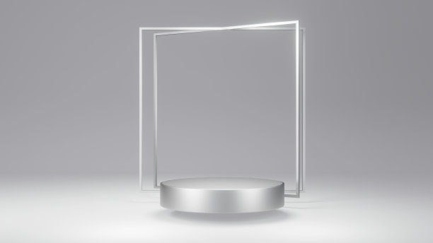 三维呈现概念金属银色主题的空白产品展示平台构成几何元素用于商业模板设计。3 d渲染。图片下载