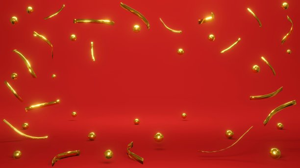 庆典、节日的3D渲染概念:金色元素的五彩纸屑落在红色的背景上。3 d渲染。3 d演示。图片下载