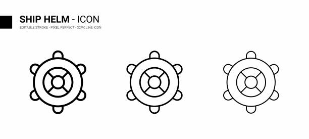 船舵线图标设计，可编辑的笔画，像素完美，库存插图。图片下载