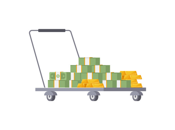 银行手推车装满现金钞票，美元纸币和金条图标等距矢量图片下载