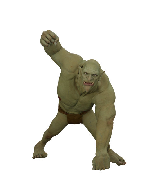 幻想的食人魔角色挥舞着愤怒的拳头。3D插图孤立在白色背景与剪辑路径。图片下载