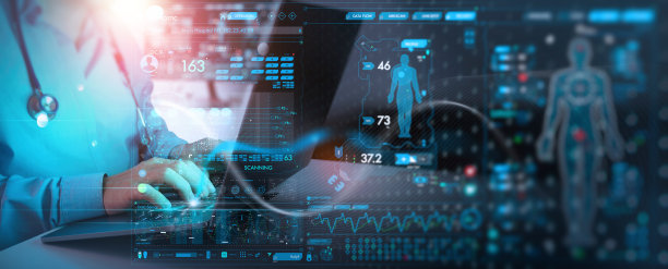 医学医生工作笔记本电脑上的病人病历界面。DNA。医疗技术和未来概念。数字化医疗和网络上的现代虚拟屏幕。图片下载