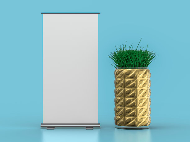 卷起横幅架。蓝色背景上的模型。3 d演示。图片下载