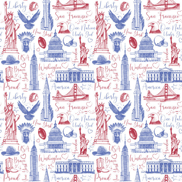 美国国家主题符号无缝图案。复古的素描背景图片下载