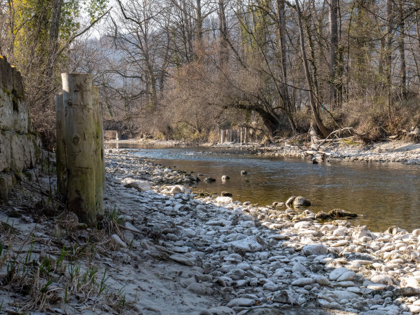 瑞士干涸的河流景观/全球变暖的概念图片下载