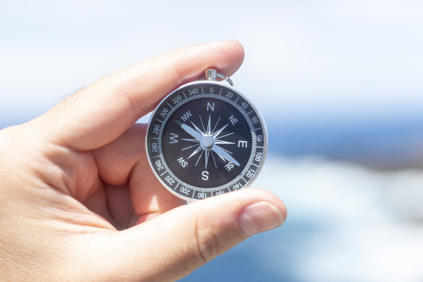 手拿着模拟罗盘在大海面前图片下载
