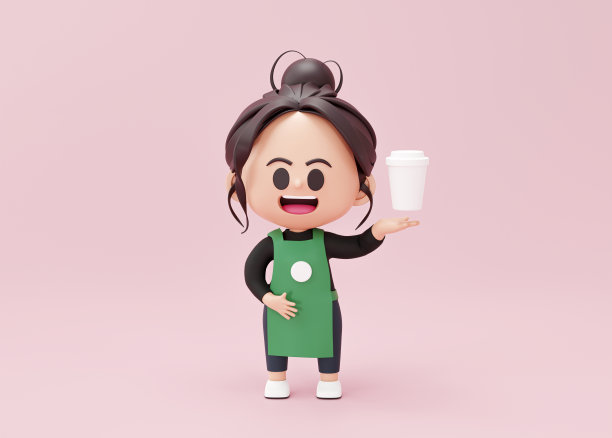 可爱的厨师面包师或咖啡师显示咖啡杯目前在粉红色的背景3d渲染图片下载