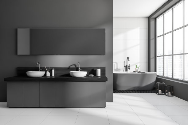 现代浴室内部与水槽和浴缸近全景窗口图片下载