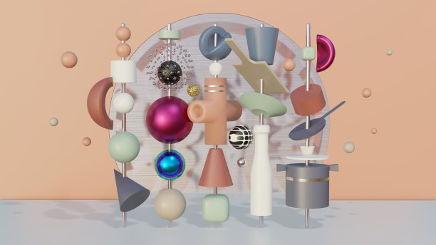 有趣的3D几何图形，厨房主题，抽象有力的粉彩，3D渲染图片下载