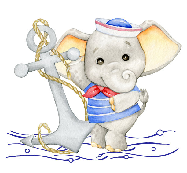 可爱的小象，锚，海，水彩剪纸，在一个抛光的背景上卡通风格。图片下载