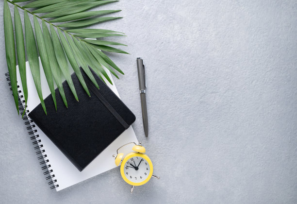 平躺记事本黑白，黄色闹钟和棕榈叶在蓝色的背景。经营理念。俯视图和复制空间图片下载