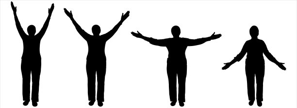 一位老年妇女进行体育锻炼:双腿固定，双臂张开。一个穿着长裤和长袖毛衣的老太太的黑色剪影。一位年长的妇女慢慢地举起了手。图片下载