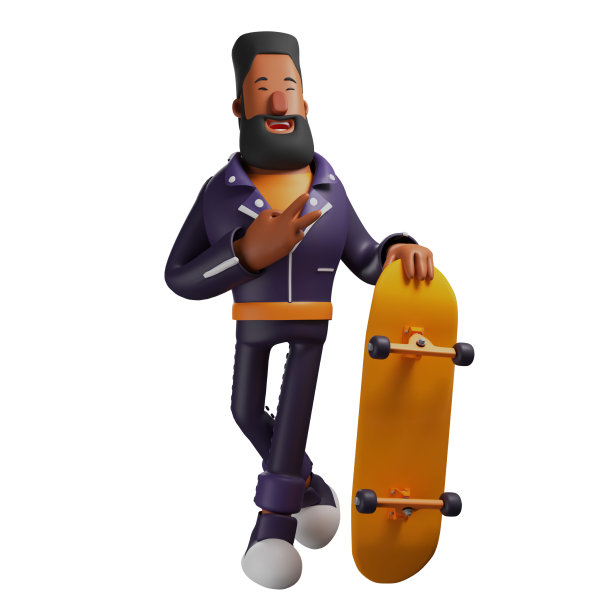 手持滑板的滑稽胡子人卡通3D插图图片下载