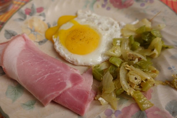 煎蛋配火腿，韭菜，芹菜，洋葱，呈褐色图片下载