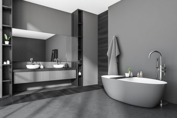 灰色浴室内部与浴缸，水槽和架子装饰图片下载