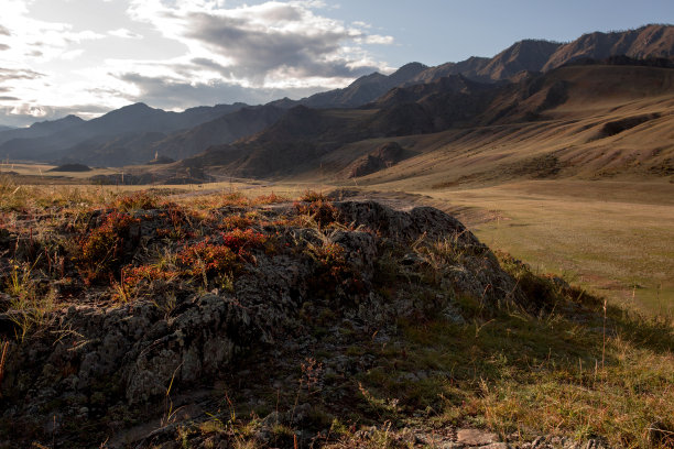 秋天的阿尔泰山水，山谷和山脉的黄金时间。美丽的照片图片下载