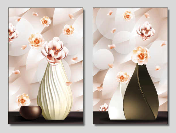 3d插图花花瓶与灰白色花的背景。壁纸图片下载