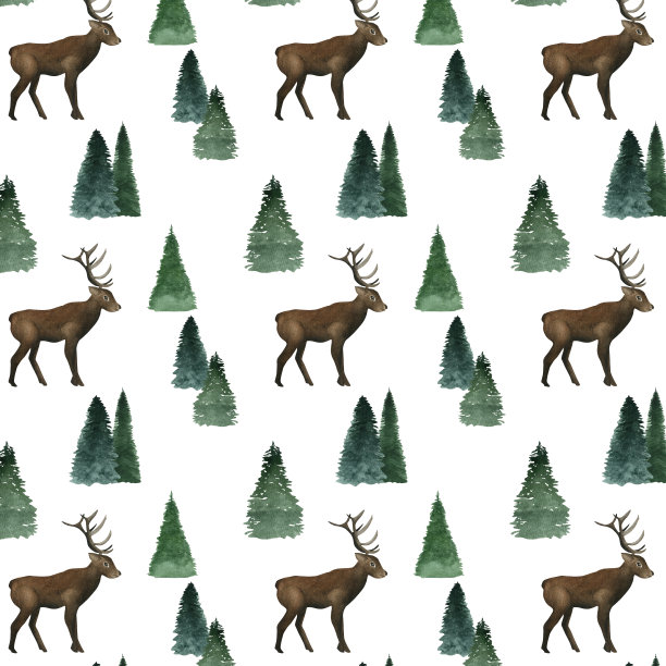 水彩无缝图案与鹿和松树。包装;包装。图片下载