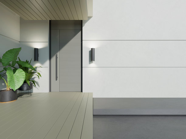 现代住宅入口的3d效果图，带有大型木制庭院和混凝土墙。图片下载