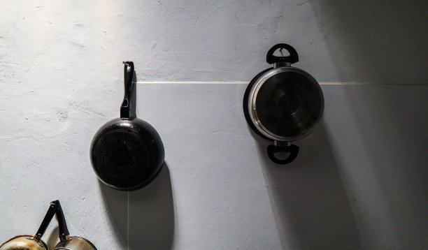 用完后挂在厨房墙上的锅图片下载