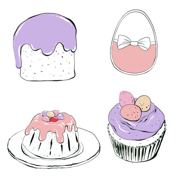 一套复活节蛋糕，甜点。手绘插图卡通风格。设计明信片，贴纸，菜单图片下载