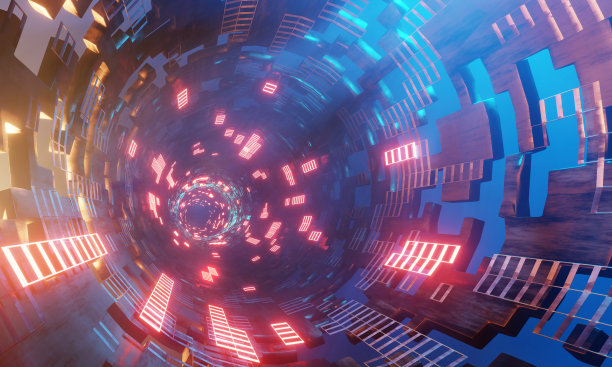 科幻技术背景，未来科幻走廊金属形状和发光的霓虹灯。抽象的技术背景。3 d渲染图图片下载