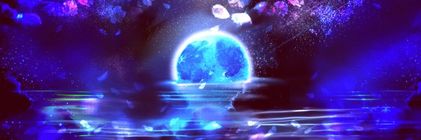 午夜时分，蓝色的满月落在荡漾的海面上，樱花花瓣翩翩起舞。图片下载