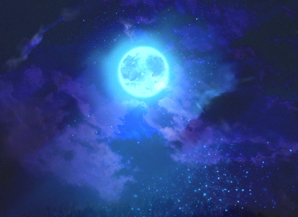 幻想插图的星星闪烁在空间，云海和闪亮的月亮图片下载