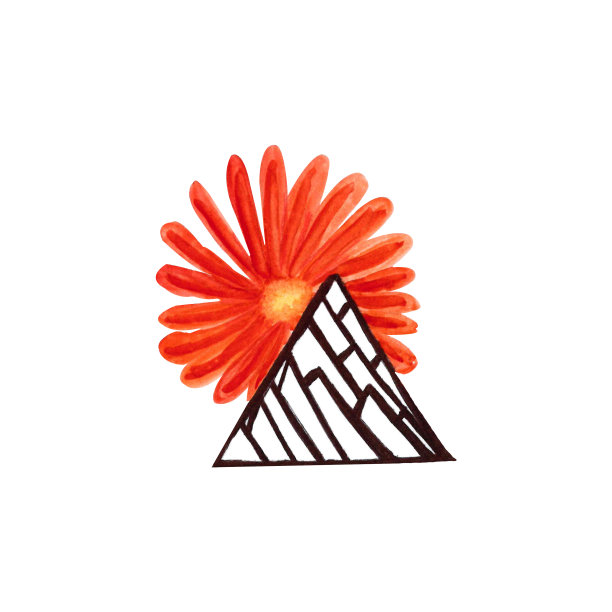 红色水彩花几何图形，黑色和白色的三角形在一个白色的背景，元素孤立为您的设计图片下载