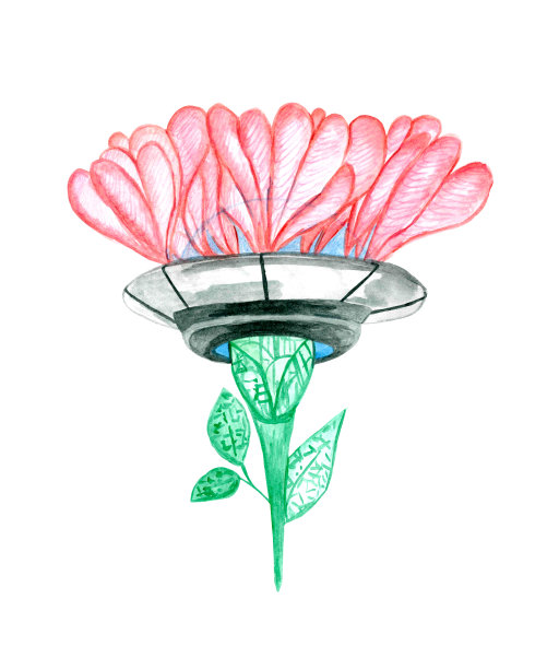 水彩花与粉红色花瓣外星人飞船图片下载