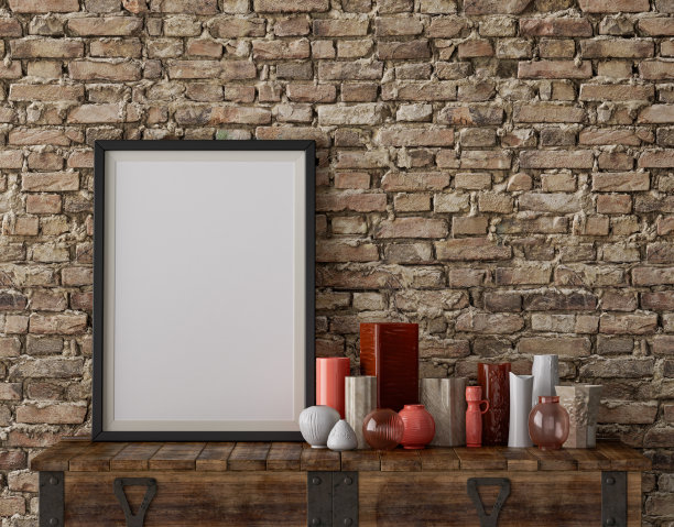 室内梳妆台上的单海报框架，装饰配件，3d渲染图片下载