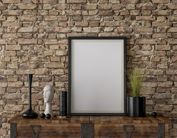 室内梳妆台上的单海报框架，装饰配件，3d渲染图片下载