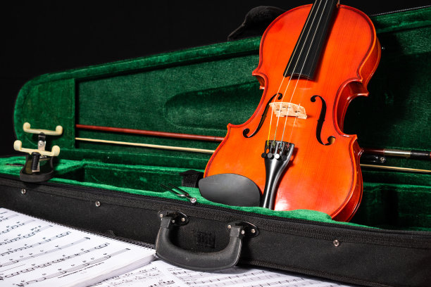 小提琴在盒子里，乐谱旁边。图片下载