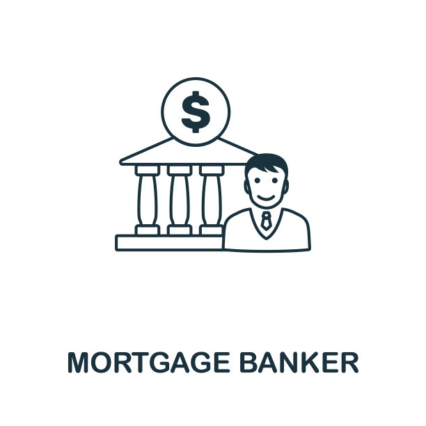 抵押贷款银行家图标轮廓风格。细线创意按揭银行家图标的标志，图形设计和更多图片下载