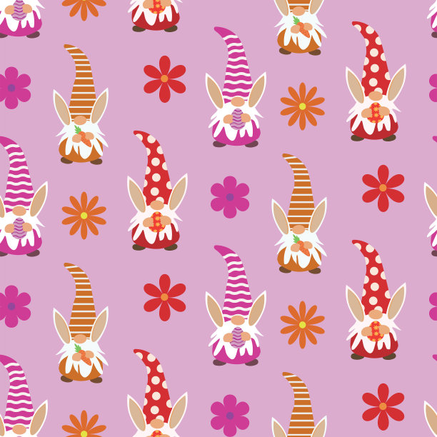 可爱的复活节小精灵，兔子耳朵无缝图案，拿着鸡蛋和图片下载