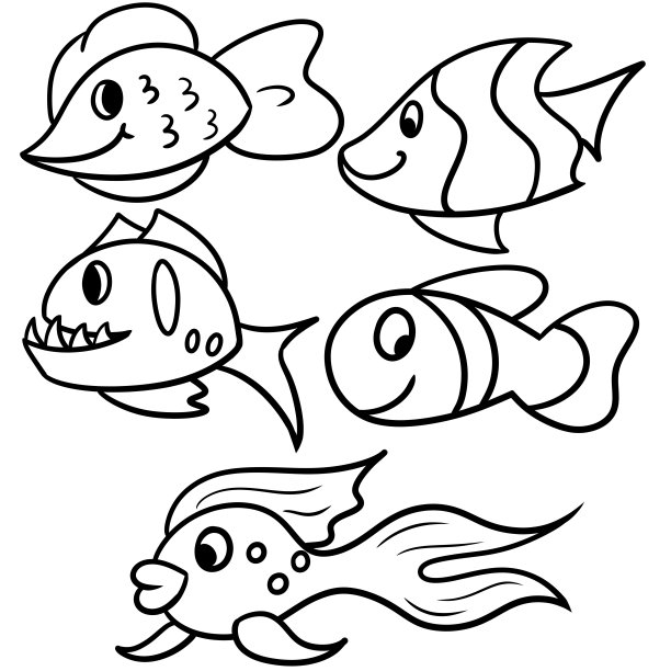 单色插图，涂色书。卡通快乐鱼集合图片下载