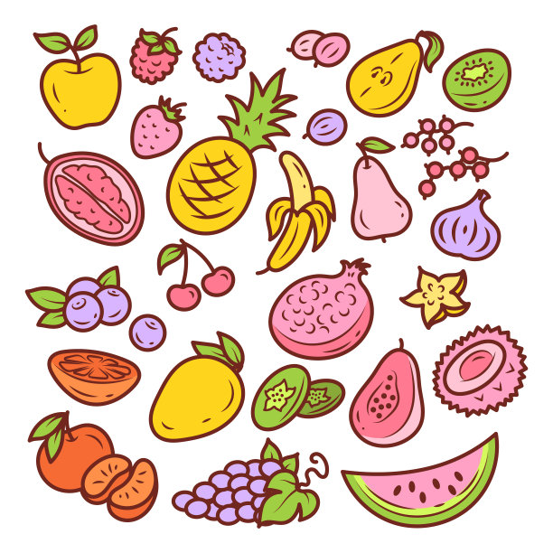 一套热带异国情调和花园水果的插图。涂鸦，卡通孤立在白色背景上。图片下载