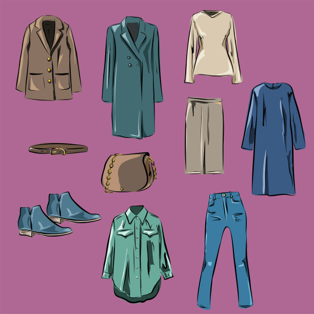 胶囊基本衣柜为女性。极简主义。时尚。大柜。衣柜，一套衣服挂在衣架和袋子上。孤立的矢量对象。图片下载