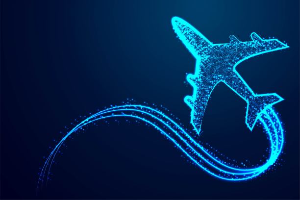 飞机。摘要三维多边形线框飞机，旅游，飞机，旅游，度假概念插图或背景图片下载